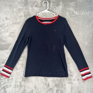 Tommy Hilfiger Shirt womens Medium Red Blue Striped Long Sleeve 100% Cotton Logo